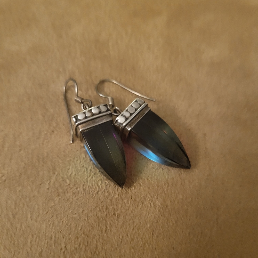 Handmade Silver and Green Iridescent Drop Earrings